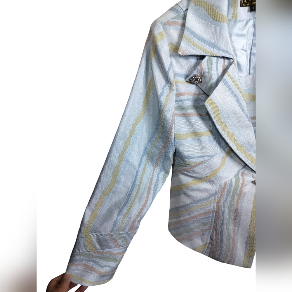 2870)Donna Vinci Couture 3 pcs Multicolor Striped Jewel Jacket Cami Skirt Suit 8 - Picture 6 of 16